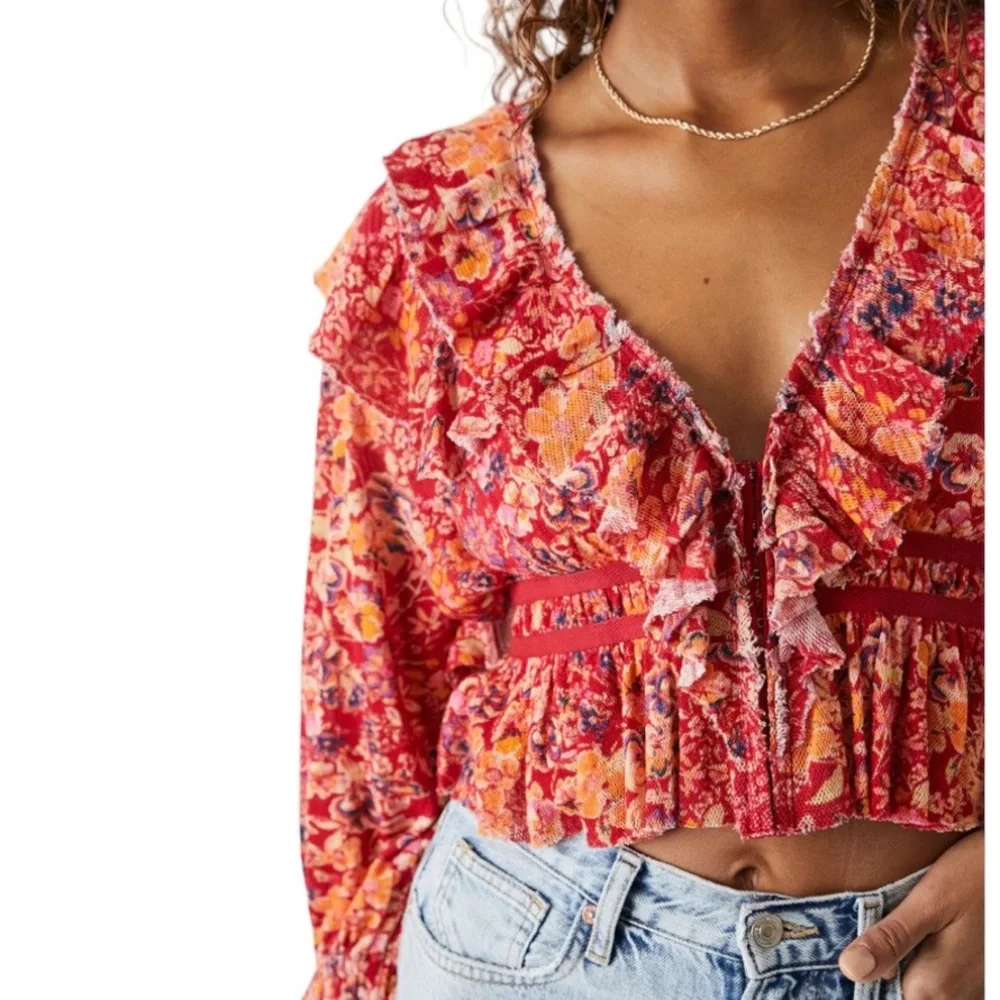 🆕Free People Ruffled Cropped Blouse - Picture 1 of 7